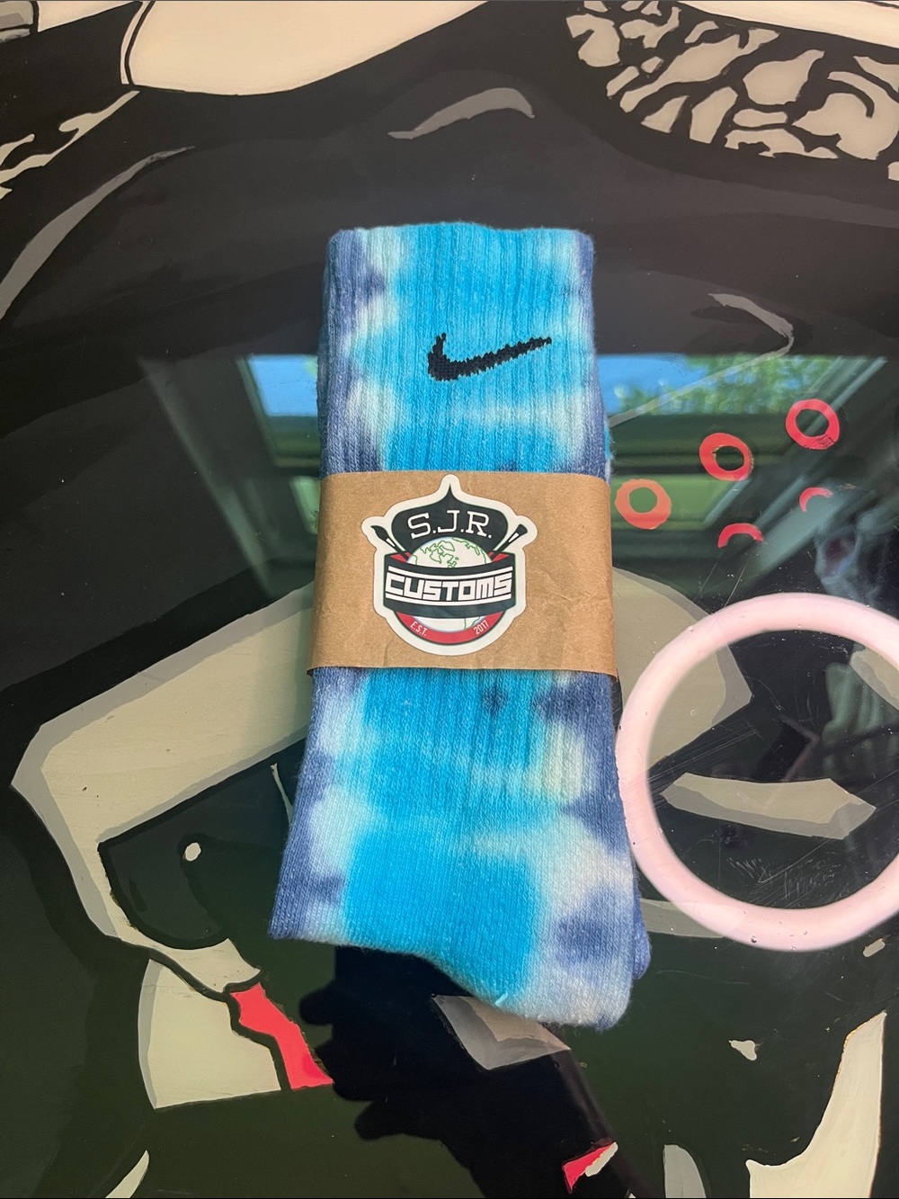 Nike Blue and White Tie-Dye Crew Socks with Black Swoosh “Blueberry Yum”